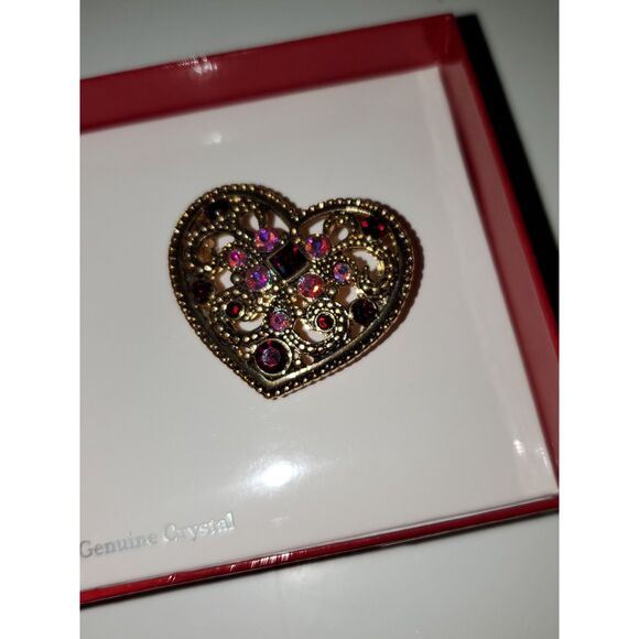 Genuine Crystal Heart Shaped Pin Brooch Recycled Materials Gold Tone Metal - Picture 2 of 10